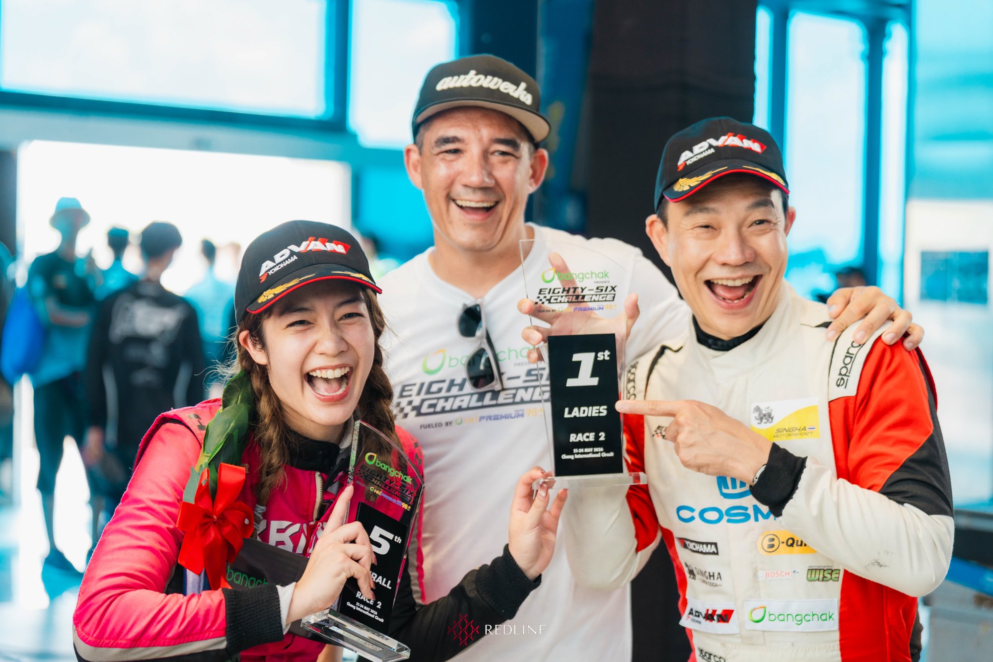 Maprang Alisa celebrating with the Race 2 trophies — 1st Ladies, 5th overall
